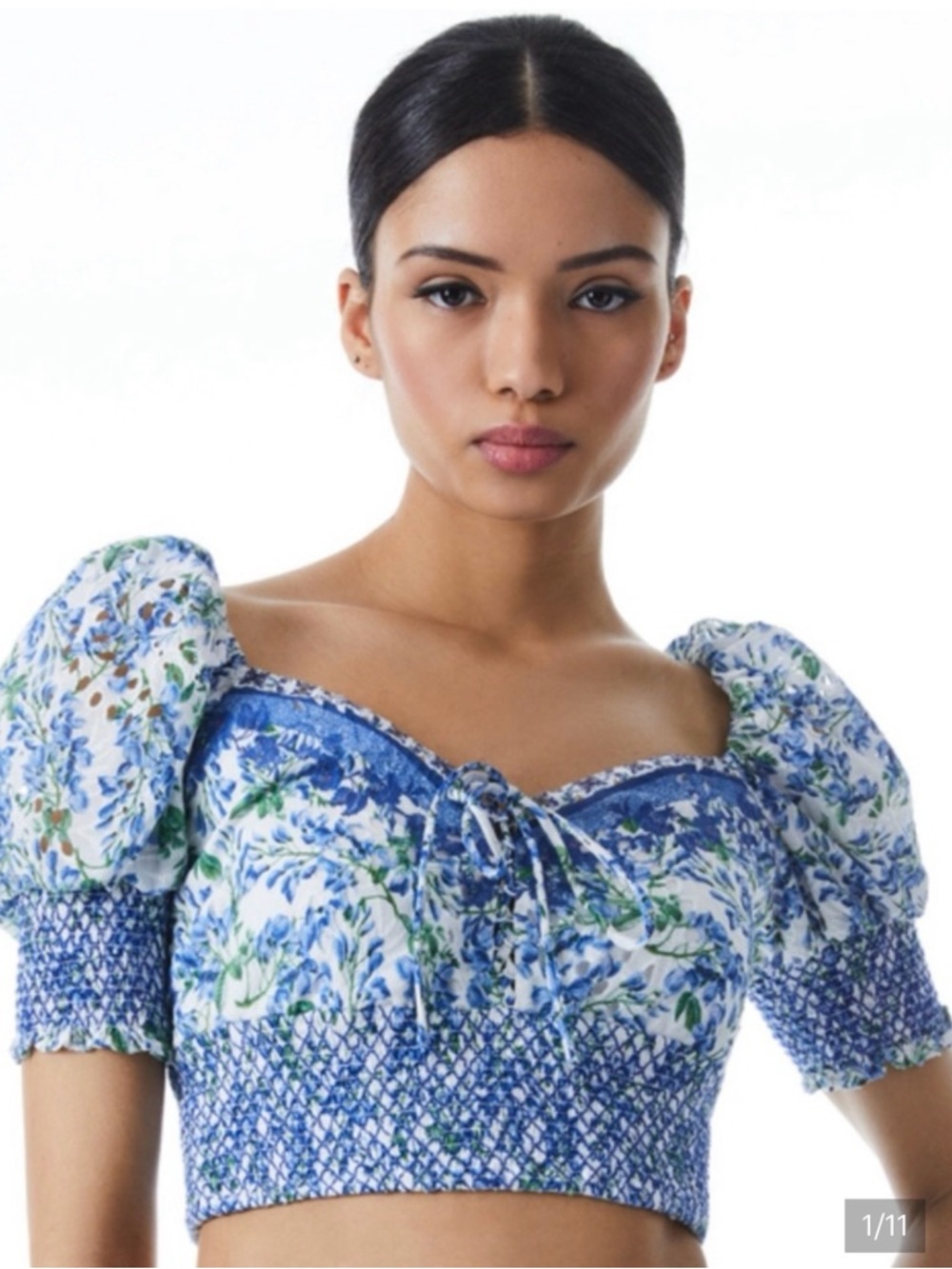Alice + Olivia Blue Floral Puff Sleeve Crop Top